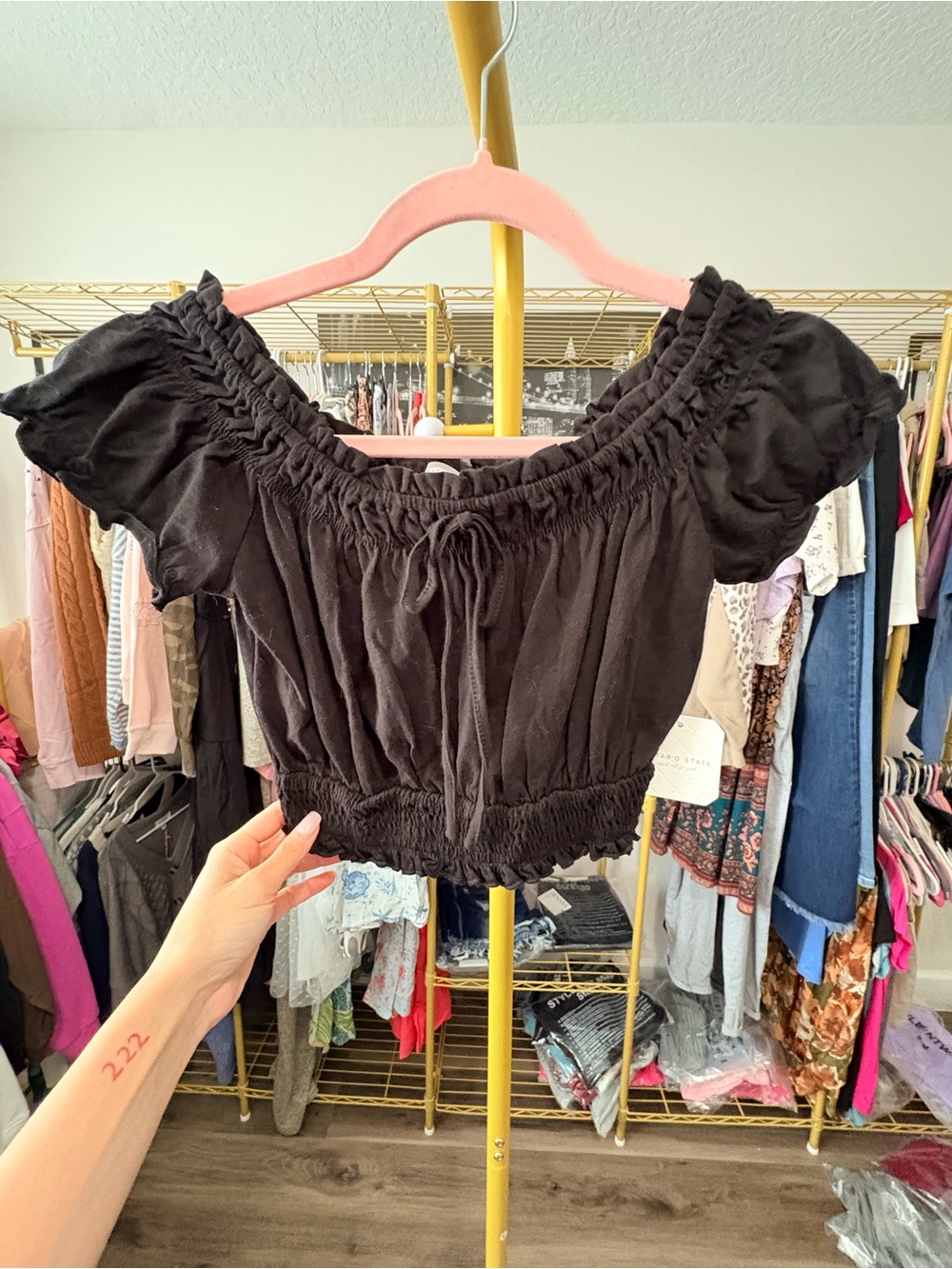 Altar'd State Black Smocked Off-Shoulder Crop Top